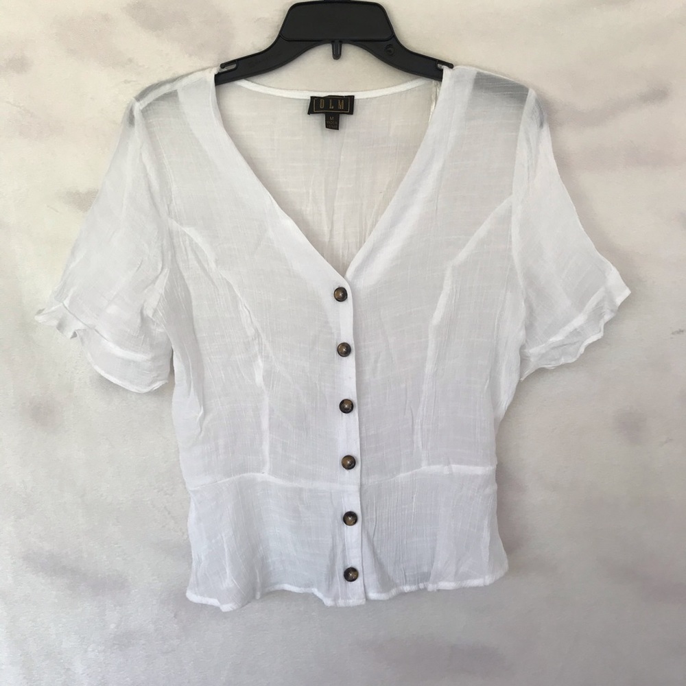 OLM White Button Up Peplum V Neck Top